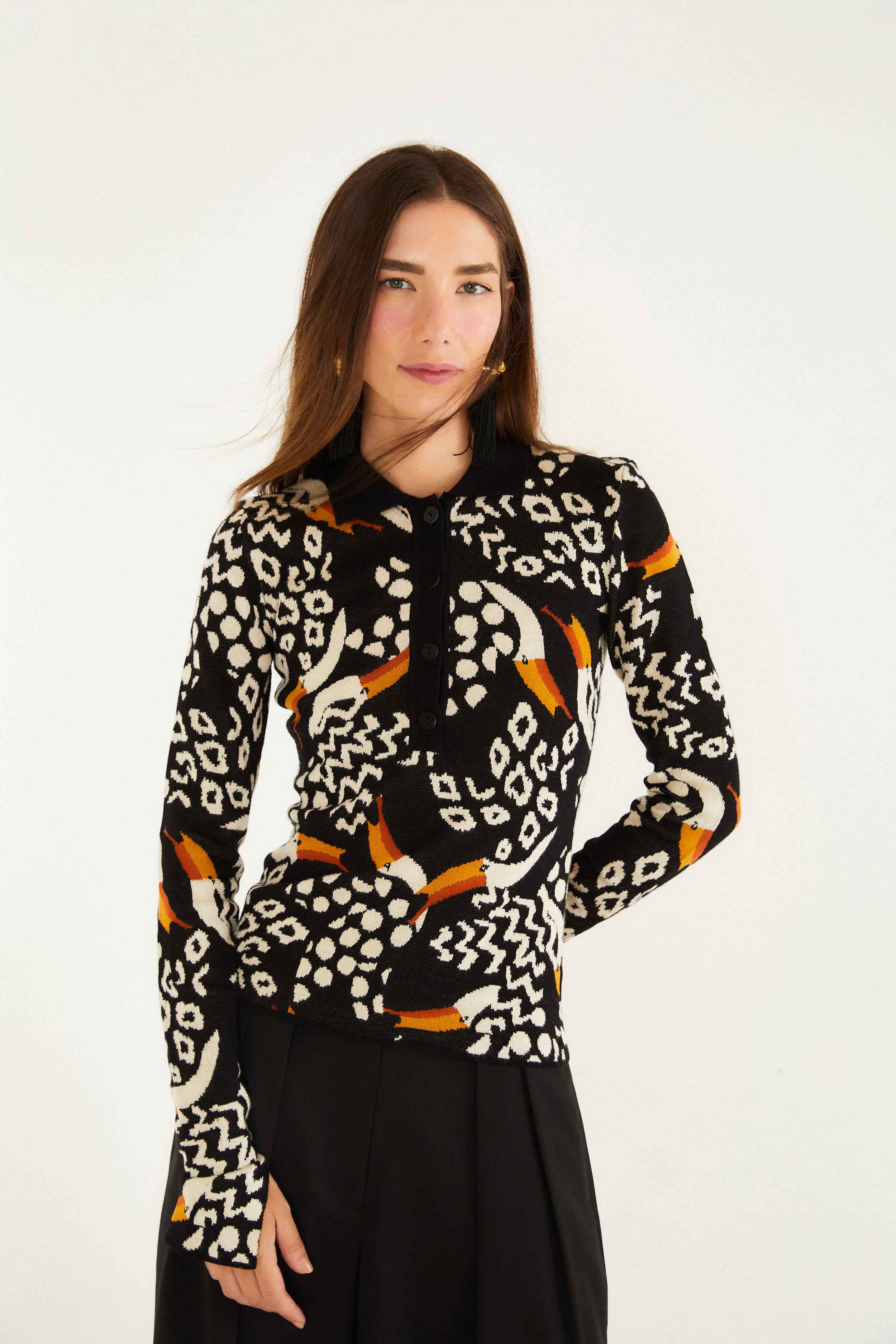 Black Tucanissimo Long Sleeve Polo Knit Top